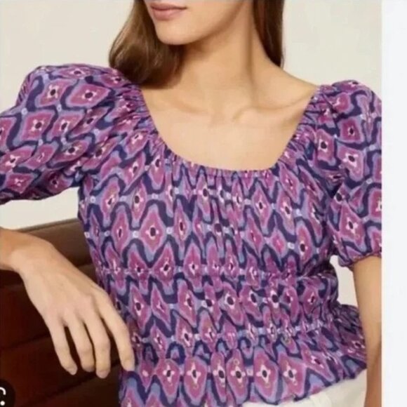 Banjanan Tops - Banjanan Halo Cropped Smocked Puff Sleeve Top XS Surreal Dream Granada